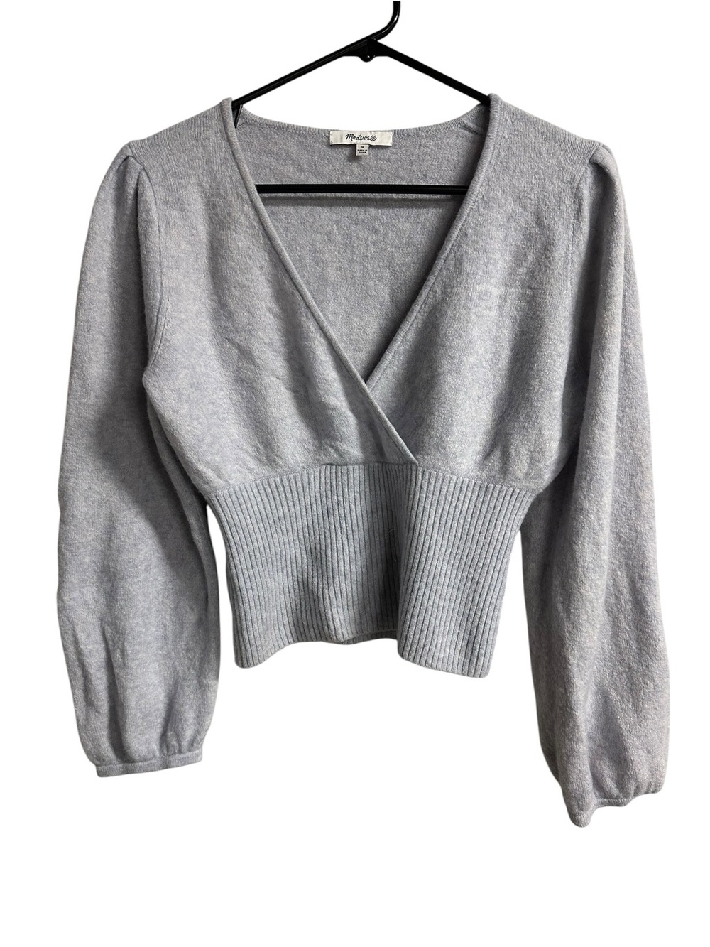 Madewell Merino Wool Alpaca Wrap Sweater Gray Puff Sleeve Knit Top M